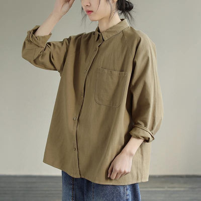 DIY Khaki Tunics For Women Lapel Pockets Plus Size Clothing Spring Shirt - bagstylebliss