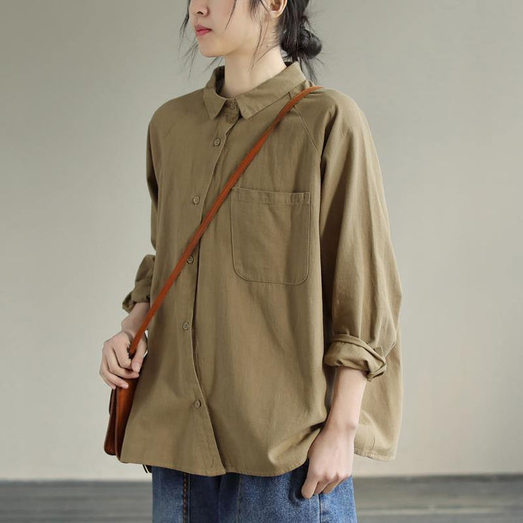 DIY Khaki Tunics For Women Lapel Pockets Plus Size Clothing Spring Shirt - bagstylebliss