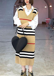 DIY Khaki V Neck Striped Fall Knit Sweater Dress - bagstylebliss