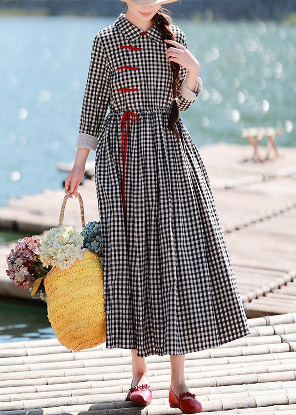 DIY Lapel Drawstring Spring Clothes Women Photography Black Plaid Dresses - bagstylebliss