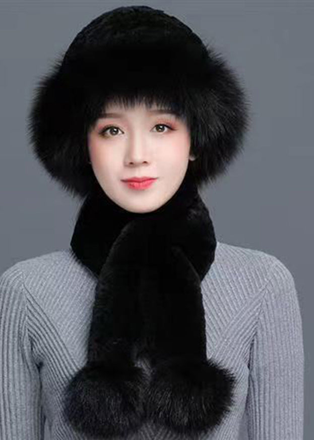 DIY Light Khaki Fuzzy Fur Fluffy Leather And Fur Cloche Hat & Scarf Set