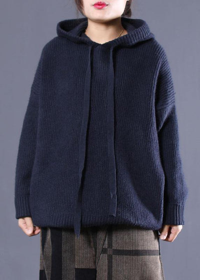 DIY Navy Hooded Loose Fall Knitted Top - bagstylebliss