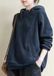 DIY Navy Hooded Patchwork Warm Fleece Sweatshirts Top Winter