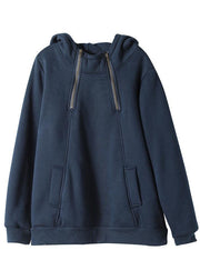 DIY Navy Hooded Patchwork Warm Fleece Sweatshirts Top Winter