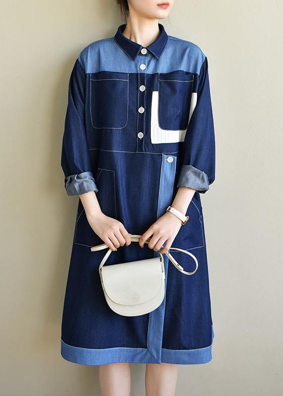 DIY Navy Long sleeve Chiffon Dress Patchwork Mid Dress - bagstylebliss