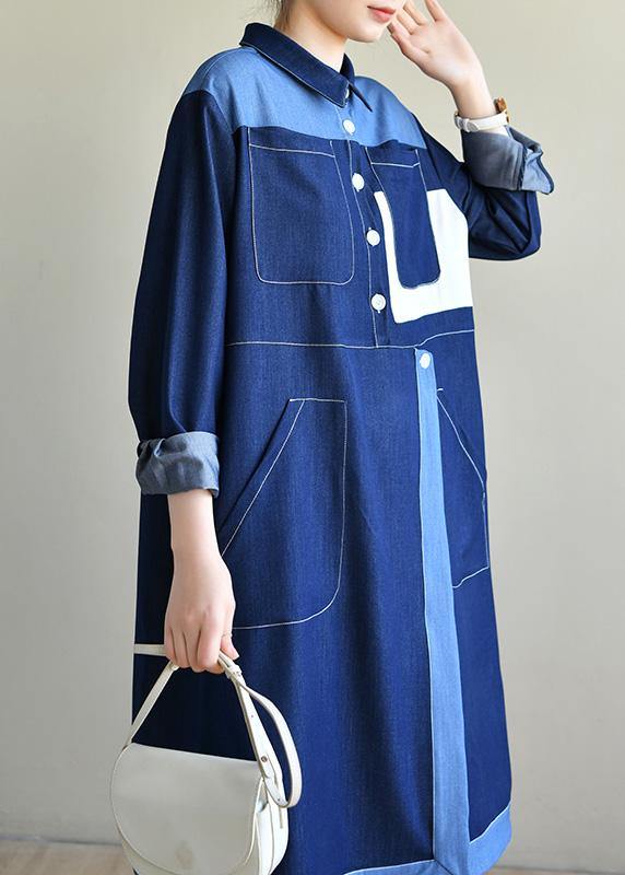 DIY Navy Long sleeve Chiffon Dress Patchwork Mid Dress - bagstylebliss