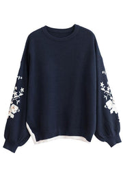 DIY Navy O-Neck Sequins Embroideried Fall Knit Sweaters - bagstylebliss