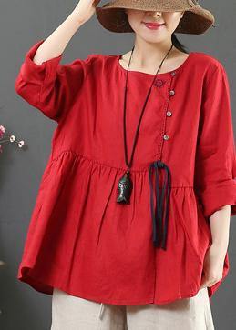 DIY O Neck Cinched Spring Shirts Women Sewing Red Top - bagstylebliss