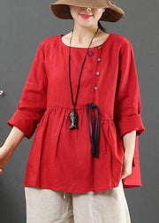 DIY O Neck Cinched Spring Shirts Women Sewing Red Top - bagstylebliss