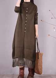 DIY O Neck Patchwork Lace Spring Tunics Linen Chocolate A Line Dress - bagstylebliss