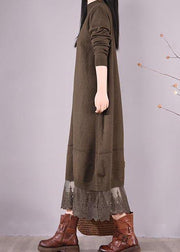 DIY O Neck Patchwork Lace Spring Tunics Linen Chocolate A Line Dress - bagstylebliss