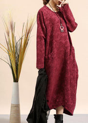 DIY O Neck Pocket Spring Quilting Dresses Fabrics Burgundy Jacquard Robe Dress - bagstylebliss