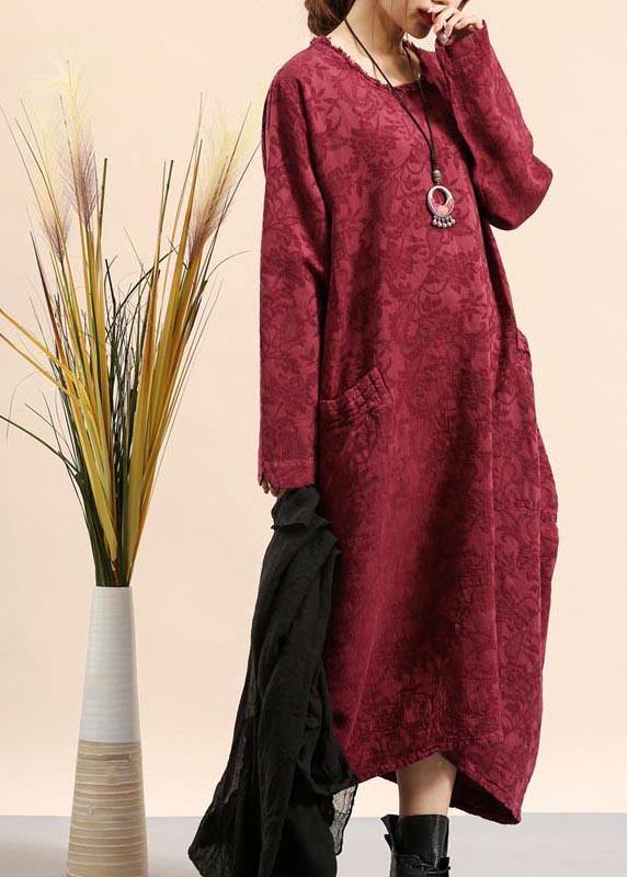 DIY O Neck Pocket Spring Quilting Dresses Fabrics Burgundy Jacquard Robe Dress - bagstylebliss