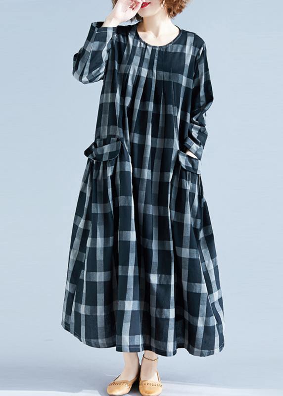 DIY O Neck Pockets Spring Tunics Gray Plaid Maxi Dress - bagstylebliss
