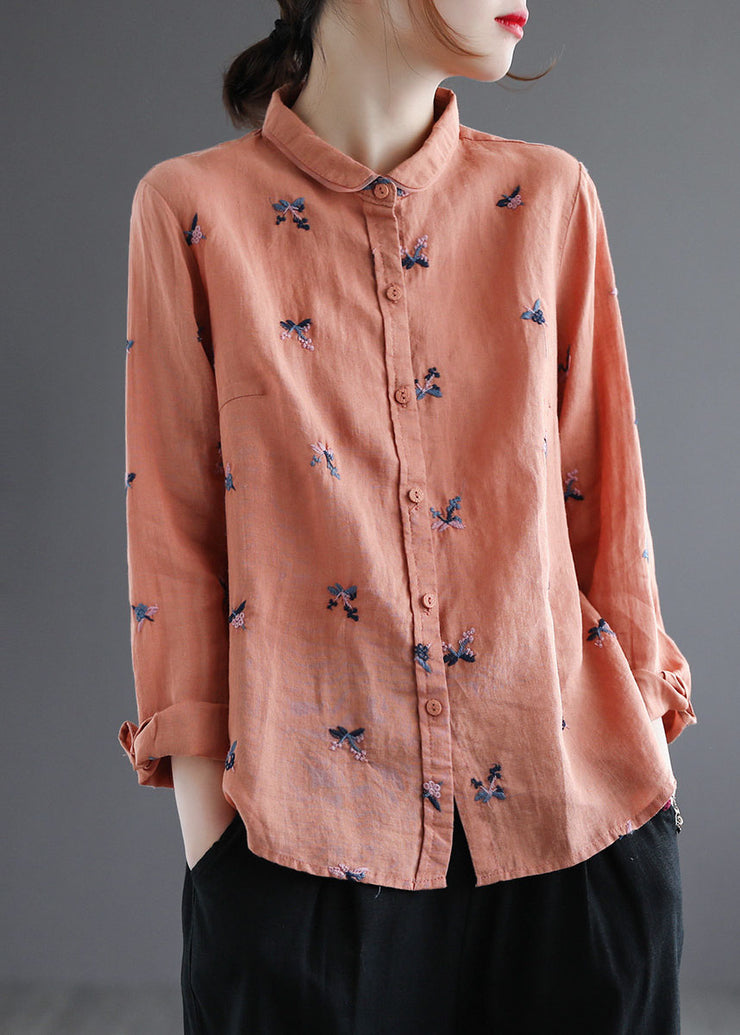 DIY Orange Embroideried Loose Linen Shirts Spring