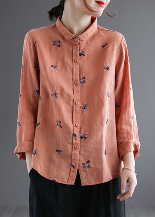 DIY Orange Embroideried Loose Linen Shirts Spring