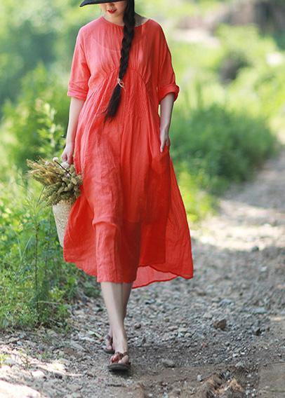 DIY Orange Red Clothes O Neck Cinched Robes Summer Dress - bagstylebliss