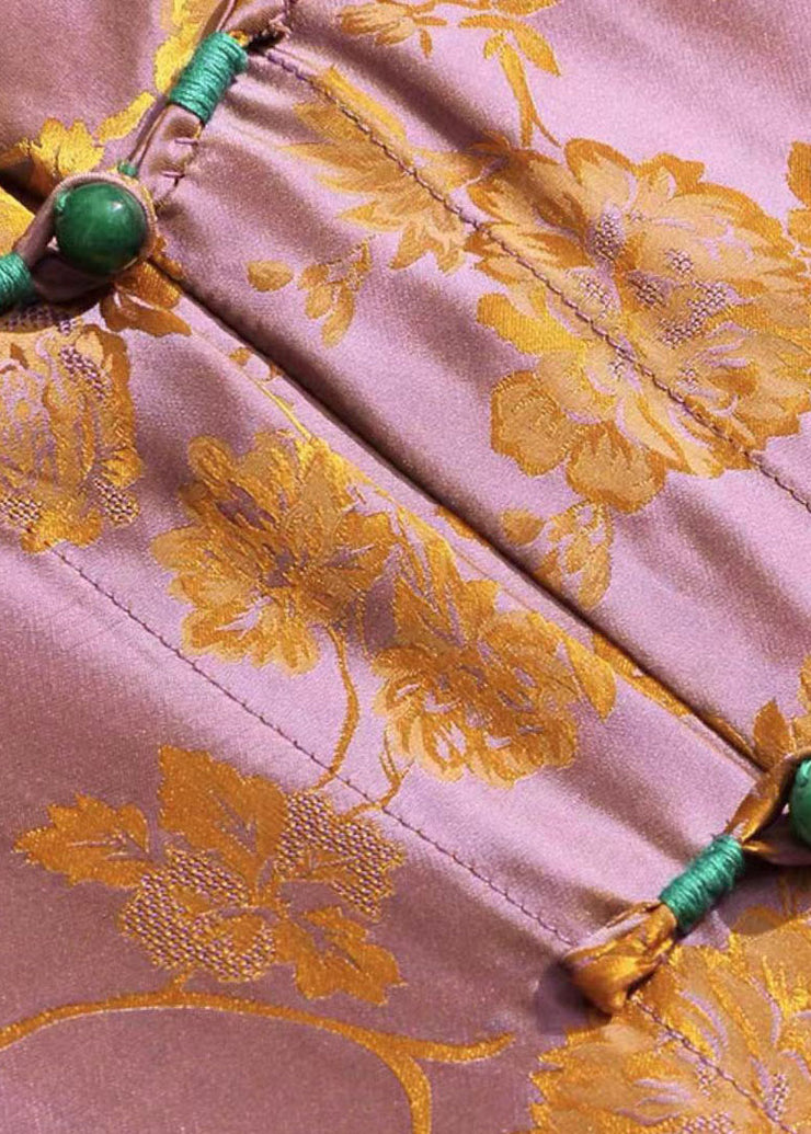 DIY Orange Stehkragen Jacquard Orientalische Knöpfe Seidenhemd Tops Langarm