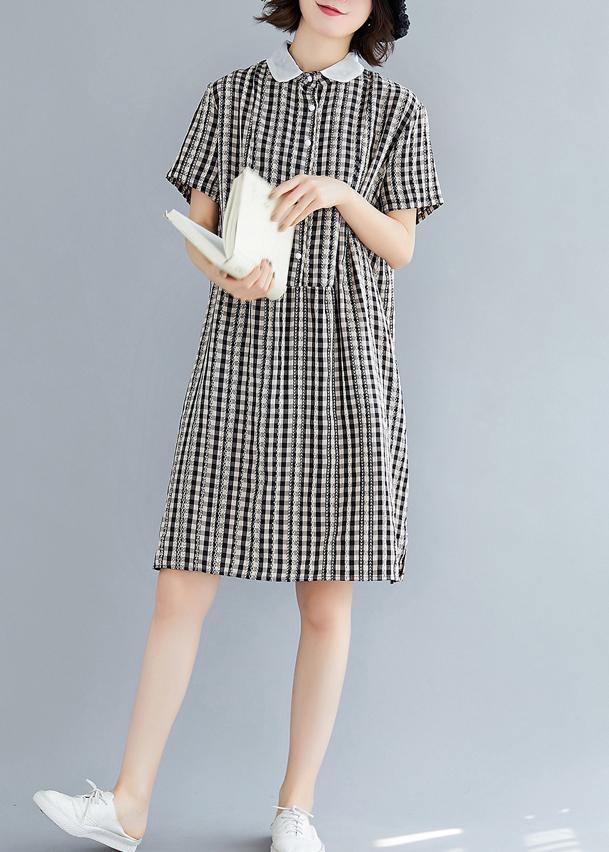 DIY Peter pan Collar Cotton summer clothes For Women black plaid Dress - bagstylebliss