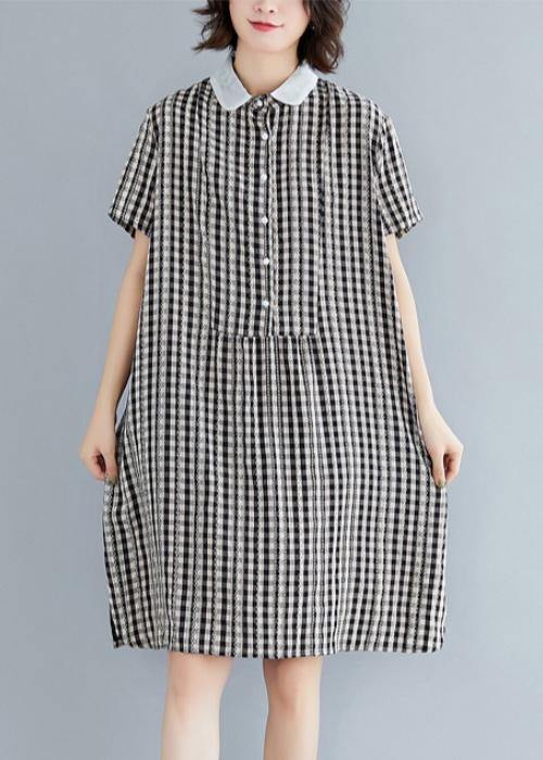 DIY Peter pan Collar Cotton summer clothes For Women black plaid Dress - bagstylebliss