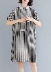 DIY Peter pan Collar Cotton summer clothes For Women black plaid Dress - bagstylebliss