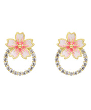 DIY Pink 14K Gold Zircon Oil Drip Floral Stud Earrings