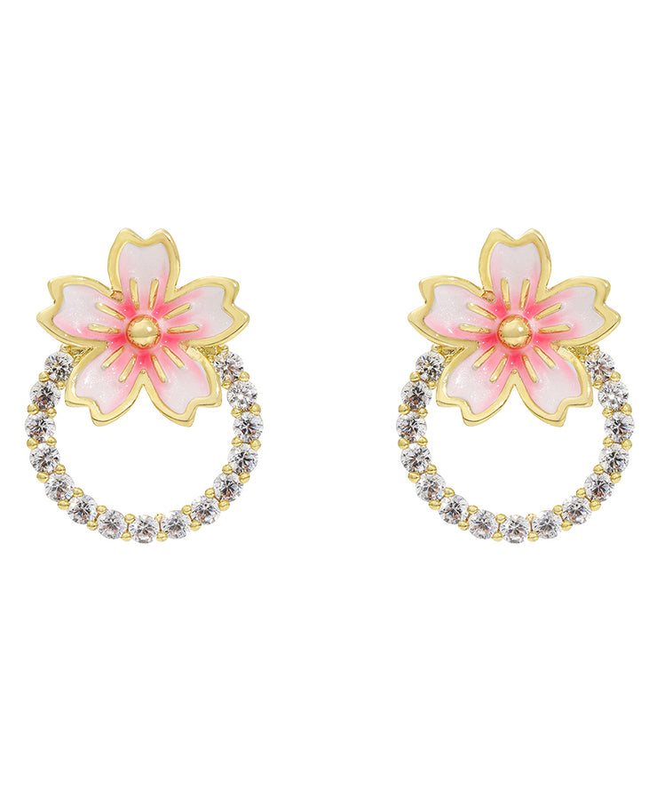 DIY Pink 14K Gold Zircon Oil Drip Floral Stud Earrings