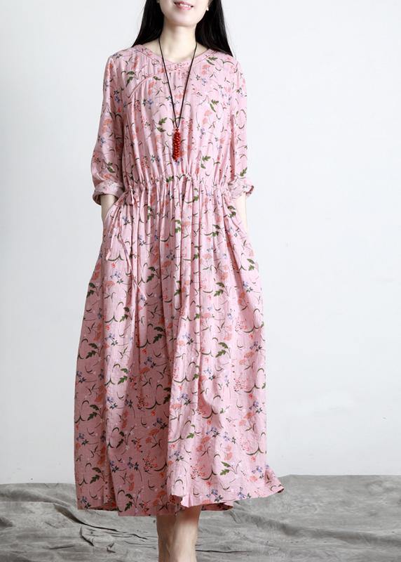 DIY Pink Print V Neck Long sleeve Party Summer Cotton Dress - bagstylebliss