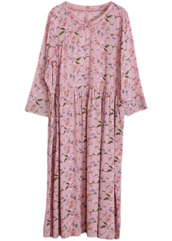 DIY Pink Print V Neck Long sleeve Party Summer Cotton Dress - bagstylebliss