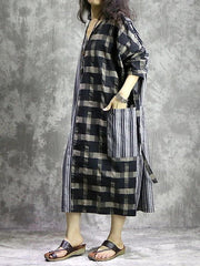 DIY Plaid patchwork striped cotton linen quilting dresses v neck pockets Maxi Dress - bagstylebliss