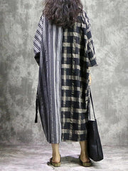 DIY Plaid patchwork striped cotton linen quilting dresses v neck pockets Maxi Dress - bagstylebliss