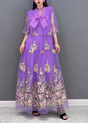 DIY Purple Peter Pan Collar Embroideried Lace Patchwork Tulle Holiday Dress Three Quarter Sleeve