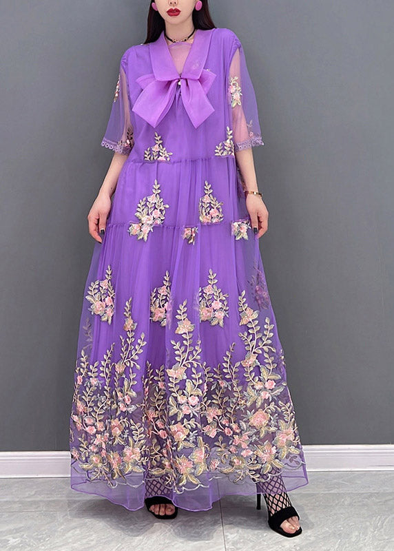 DIY Purple Peter Pan Collar Embroideried Lace Patchwork Tulle Holiday Dress Three Quarter Sleeve