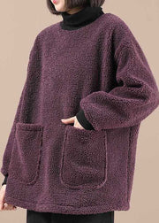 DIY Purple Turtleneck Pockets Faux Fur Loose Sweatshirt Winter