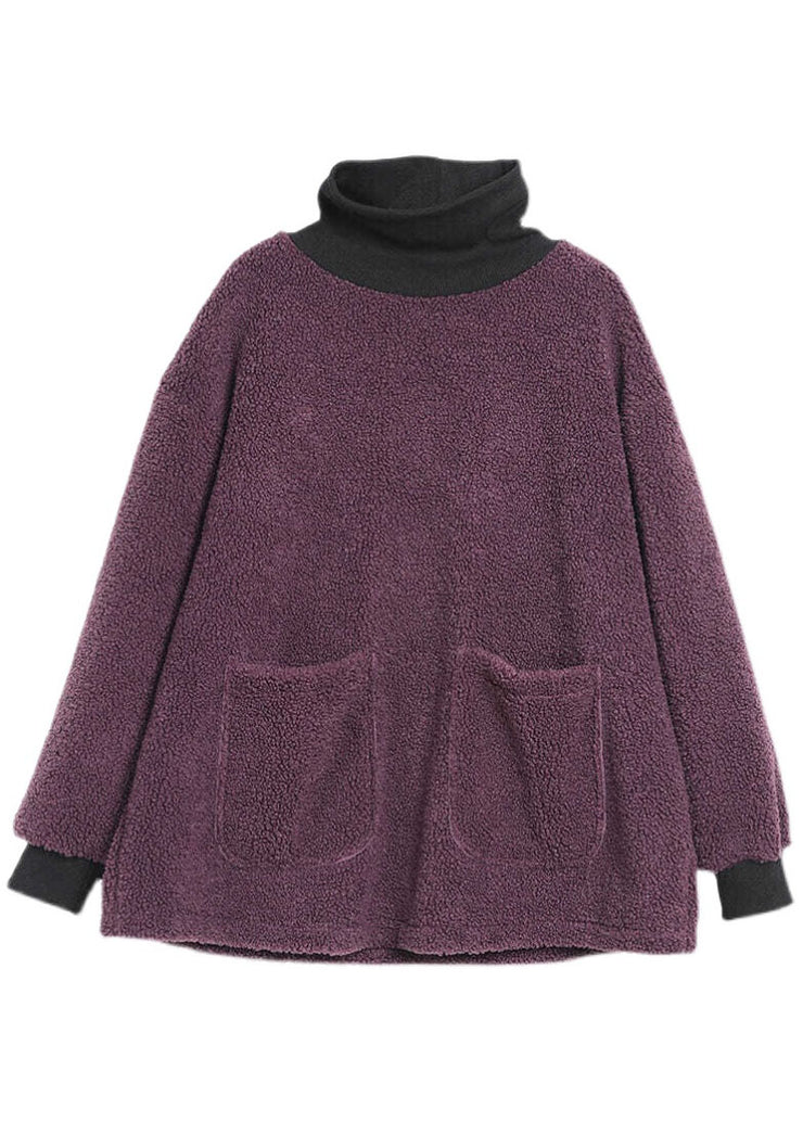 DIY Purple Turtleneck Pockets Faux Fur Loose Sweatshirt Winter