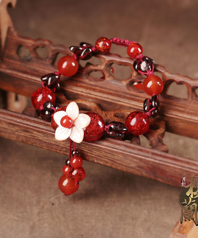 DIY Red Agate Coloured Glaze Shell Flower Garnet Charm Bracelet