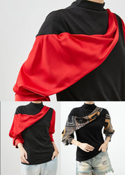 DIY Red Asymmetrical Patchwork Cotton Shirt Tops Batwing Sleeve