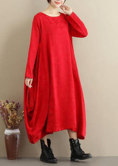 DIY Red Jacquard Tunics O Neck Asymmetric Maxi Spring Dresses - bagstylebliss