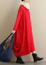 DIY Red Jacquard Tunics O Neck Asymmetric Maxi Spring Dresses - bagstylebliss