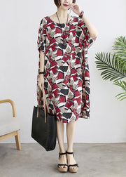 DIY Red Print Batwing Sleeve Summer Chiffon Dress - bagstylebliss