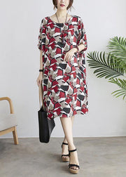 DIY Red Print Batwing Sleeve Summer Chiffon Dress - bagstylebliss