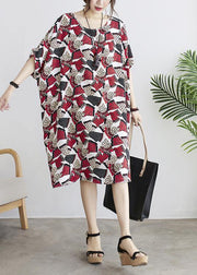 DIY Red Print Batwing Sleeve Summer Chiffon Dress - bagstylebliss