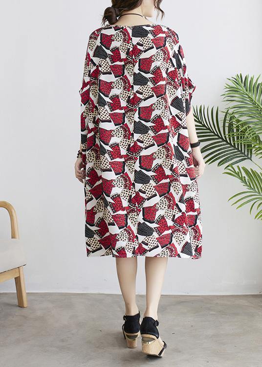 DIY Red Print Batwing Sleeve Summer Chiffon Dress - bagstylebliss