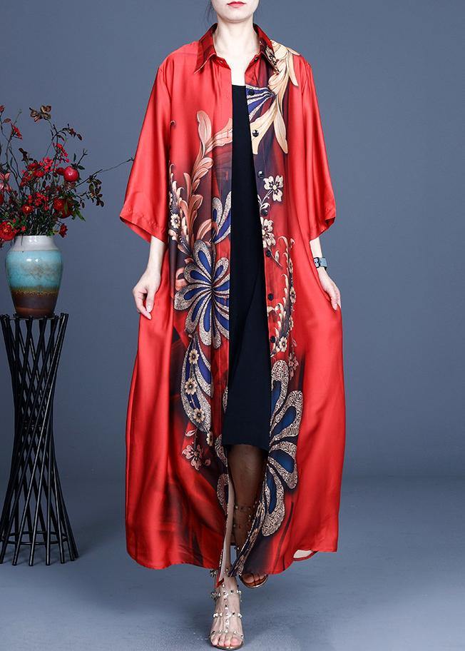 DIY Red Print Spring Loose Coat Long - bagstylebliss