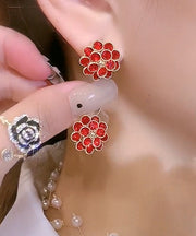 DIY Red Stering Silver Overgild Zircon Sunflower Stud Earrings