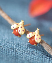 DIY Red Sterling Silver Overgild Little Bee Stud Earrings