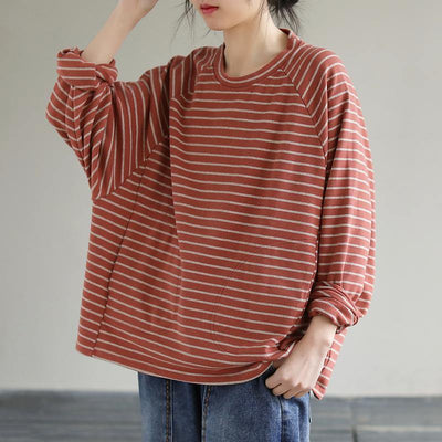 DIY Red cotton Crane tops Striped cotton Spring Sweatshirt - bagstylebliss