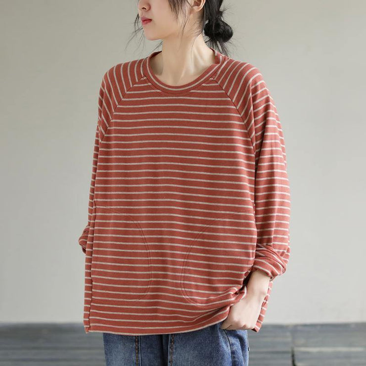 DIY Red cotton Crane tops Striped cotton Spring Sweatshirt - bagstylebliss