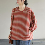 DIY Red cotton Crane tops Striped cotton Spring Sweatshirt - bagstylebliss