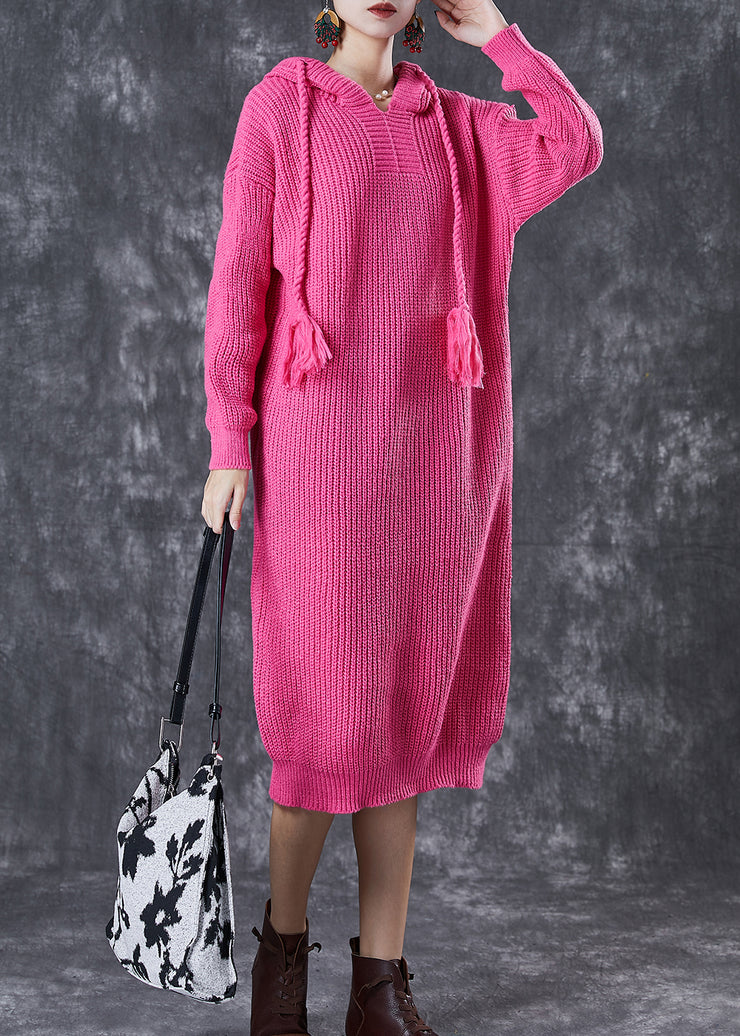 DIY Rose Hooded Drawstring Knit Pullover Sweatshirt Dress Fall